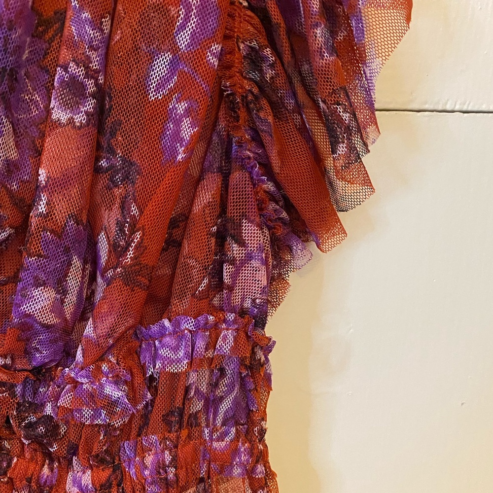 Free People | Mesh Raw Hem V-Neck Top with Layered Sleeves & Smocked Waist-M - Picture 3 of 8